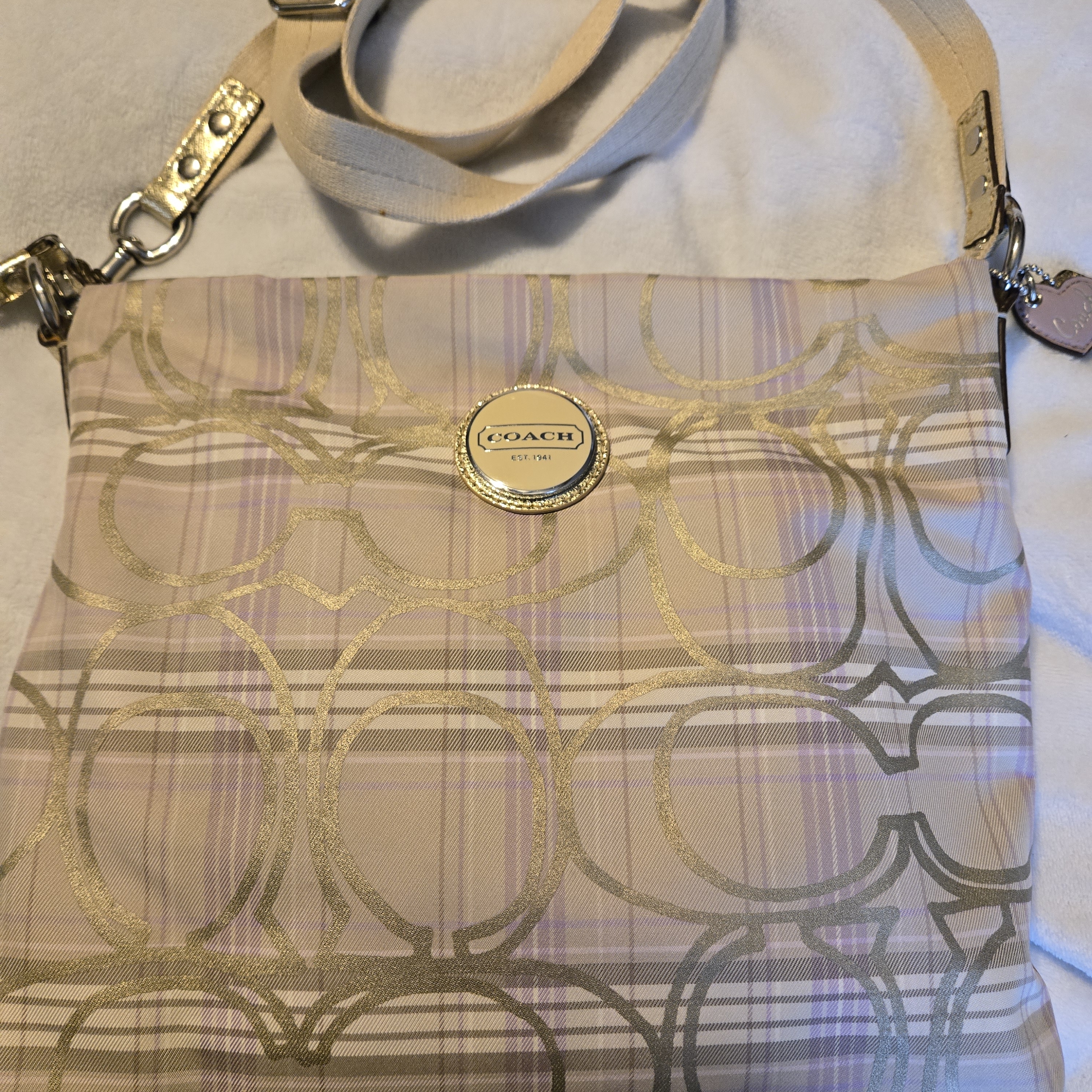 Coach Signature Plaid Crossbody Women's Gold And Cream Crossbody Bag